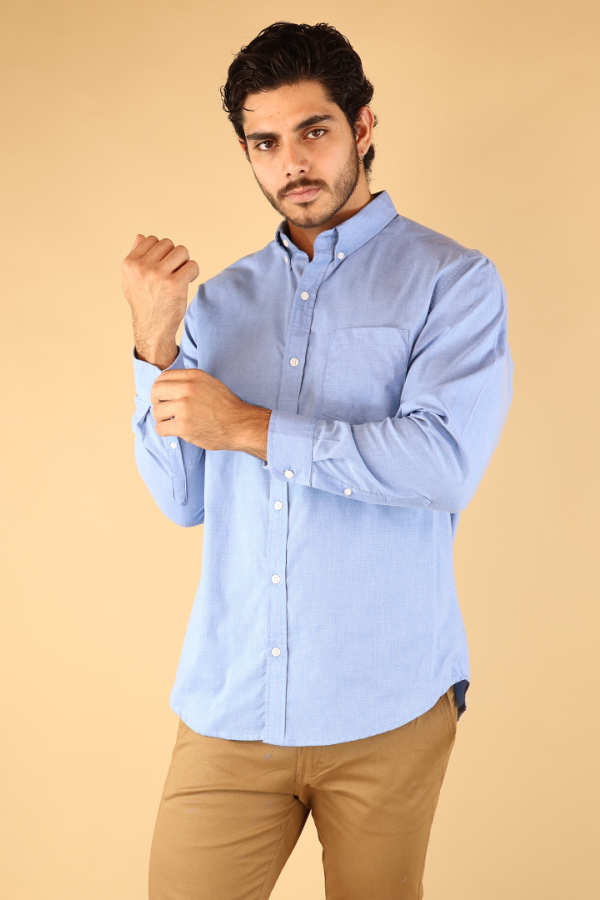 Camisa Manga Larga Azul Para Caballero Corte Regular Elegante De Algodón